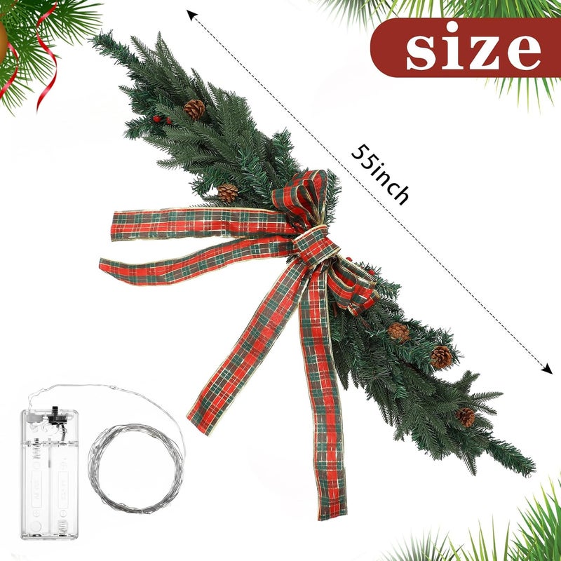 Maysing 55 Inch Christmas Mailbox Swag with Red and Green Checkered Bow Xmas Outdoor Lighted Mailbox Holiday Decoration Artificial Berry Clusters Pine Cones Garland for Mail Box Mantelpiece Indoor - Image 5
